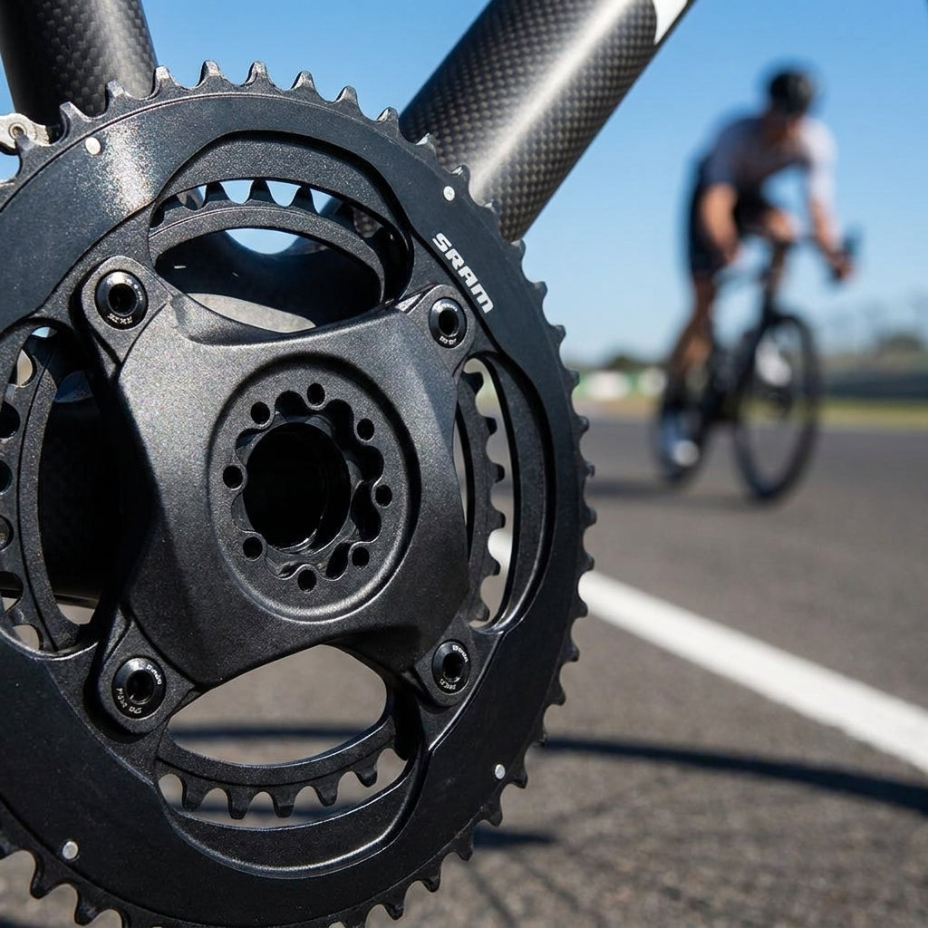 SRAM RED/FORCE D1 107BCD präziser Kurbelflachspider und Kettenblätter am Carbonrad, Radfahrer im Hintergrund.