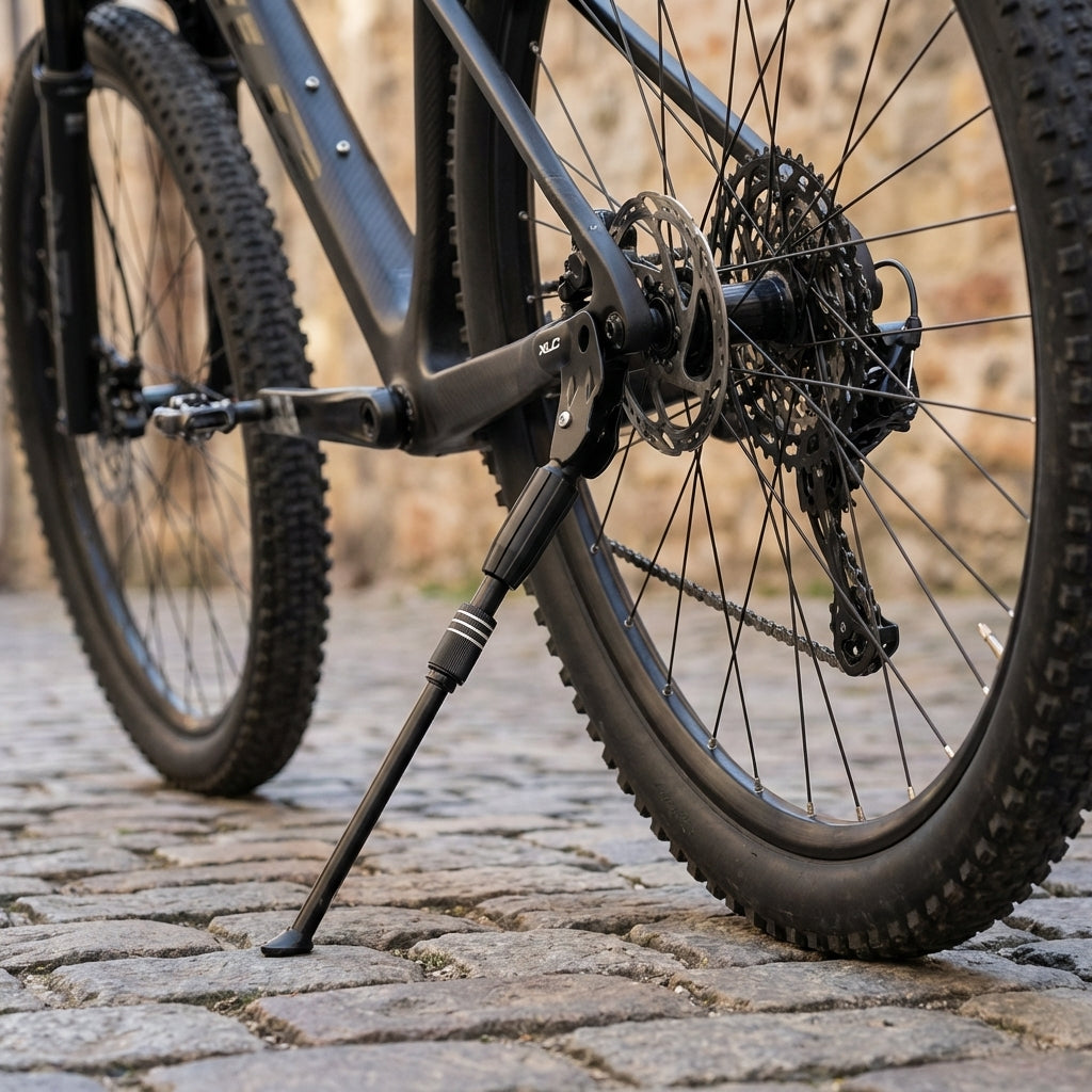 XLC Àxle KS-R03 Hinterbauständer schwarz, verstellbar 26-29 Zoll, an Mountainbike auf Kopfsteinpflaster.