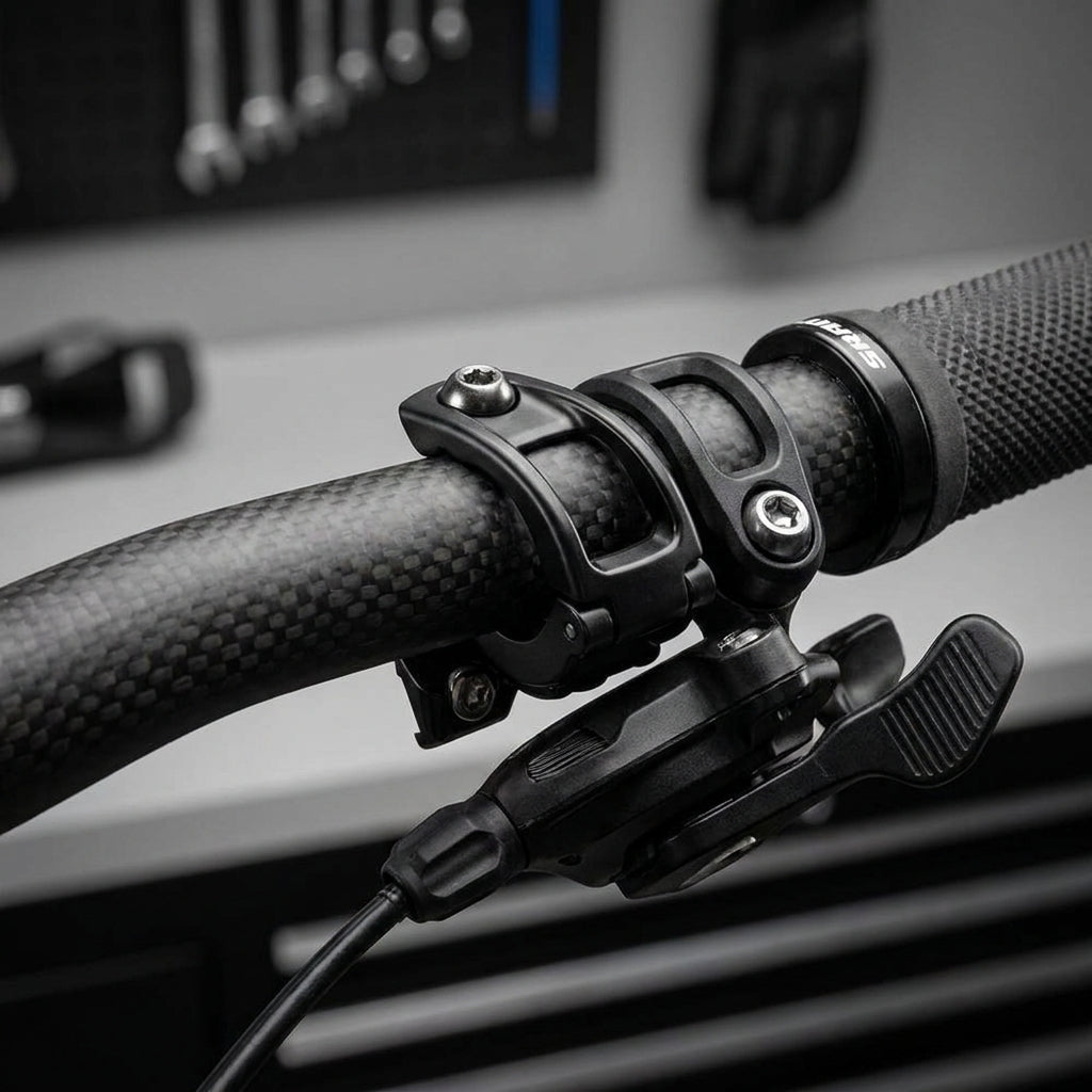 SRAM MatchMaker X Schelle rechts, schwarz, montiert am Fahrradlenker. Sorgt für ein aufgeräumtes Cockpit und cleanes Design.