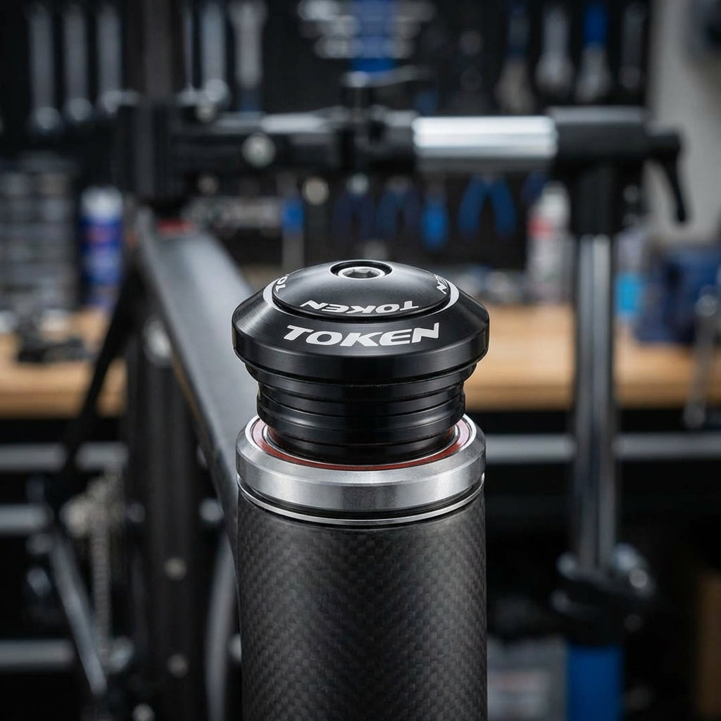 TOKEN Steuersatz Omega A-Serie AHead 1 1/8" schwarz (42mm) auf Carbon-Gabelschaft montiert.