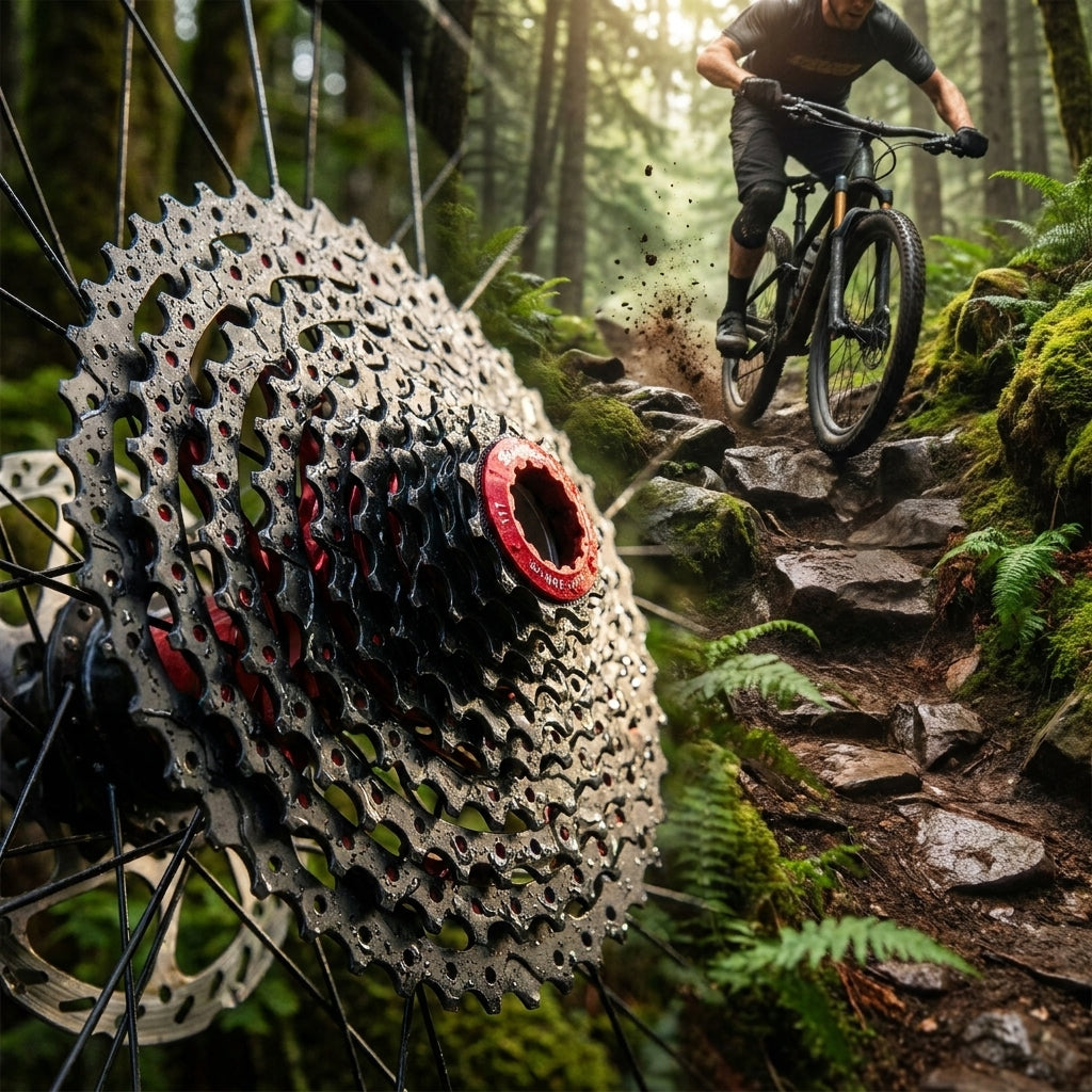 SunRace CSMX8 EAZ Fluid Drive Plus 11-fach Kassette 11-46Z am MTB, Mountainbiker fährt im Wald.