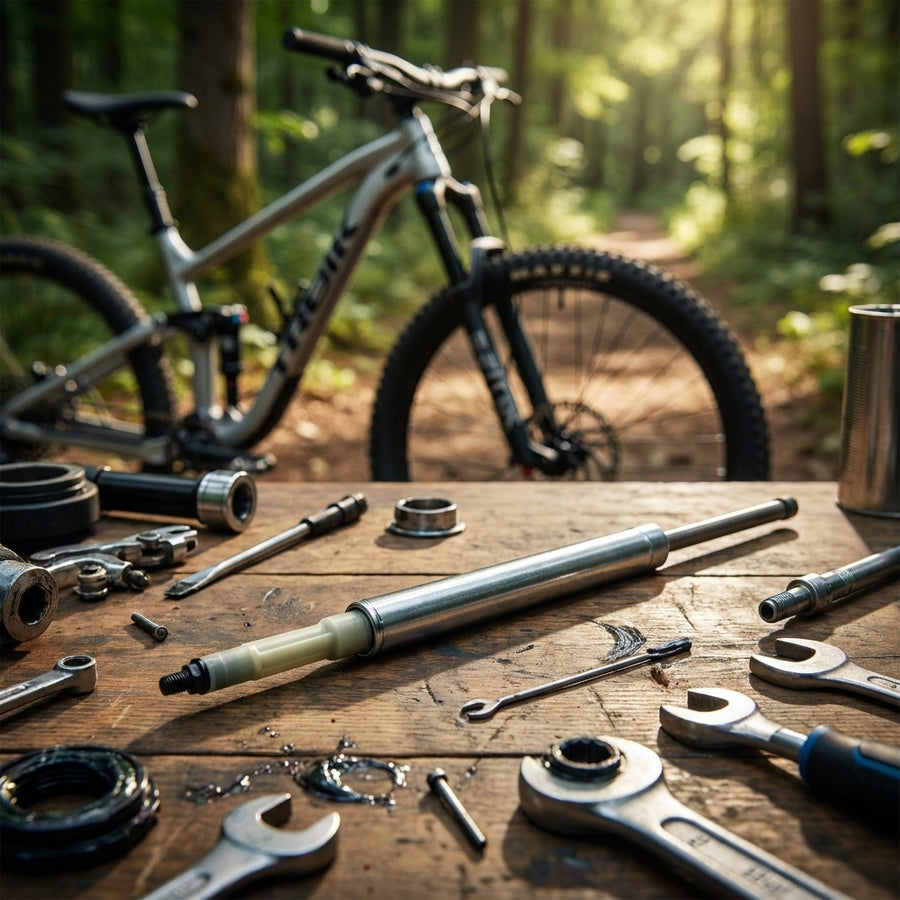Lock-Out Kartusche SR Suntour für SF13 XCM-HLO 29" auf Holztisch mit Werkzeug zur Fahrradreparatur.