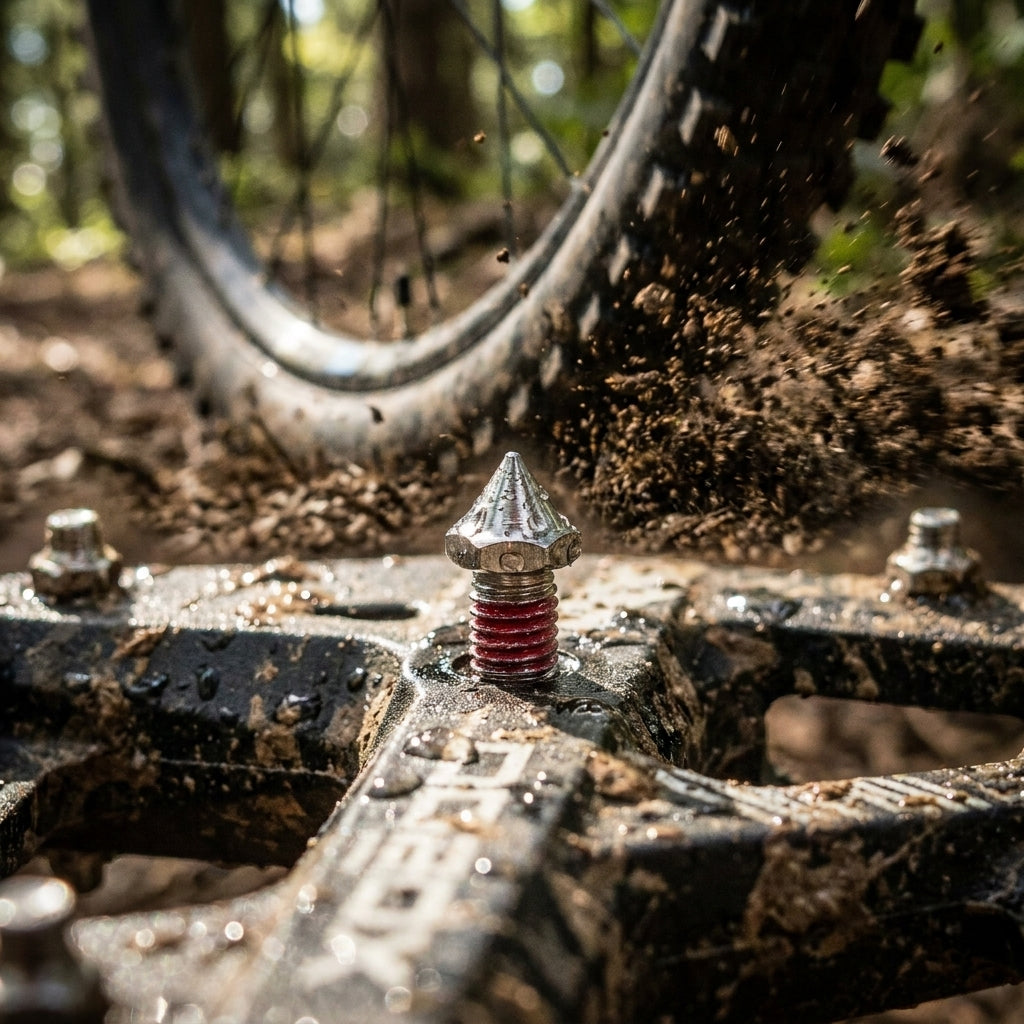 Xpedo Pinset Spike-Type Gewinde auf schlammigem MTB-Pedal, im Hintergrund wirft das Rad Dreck auf.