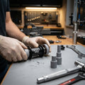 DT Swiss Werkzeugset für präzise Nabenwartung: Hände in Handschuhen montieren ein Lager in einer DT Swiss 180 VR Nabe.