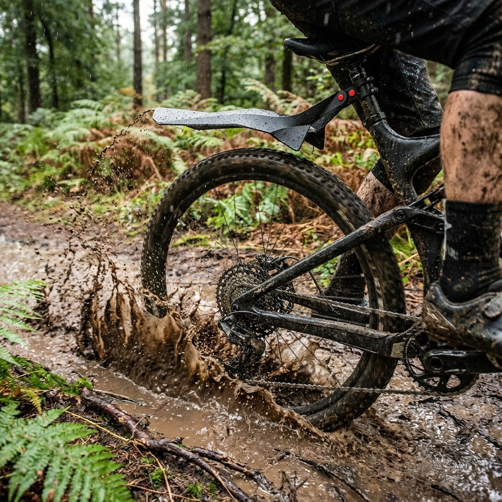 Hebie Sattelstützblech Viper X Stealth schwarz an Mountainbike, das durch Schlamm im Wald spritzt.
