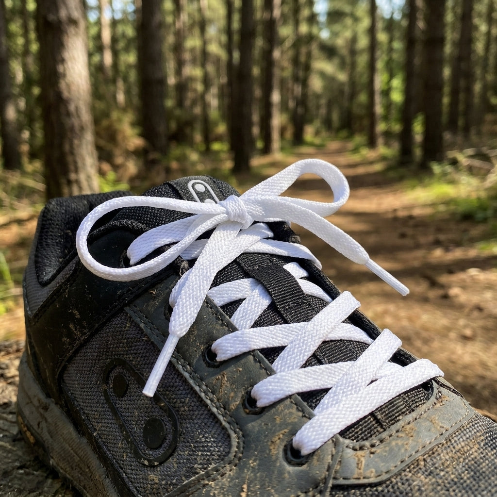 Crankbrothers Lace Schnürsenkel weiß für Stamp Mallet E Fahrradschuhe, gebunden an schmutzigem Schuh auf Waldweg.