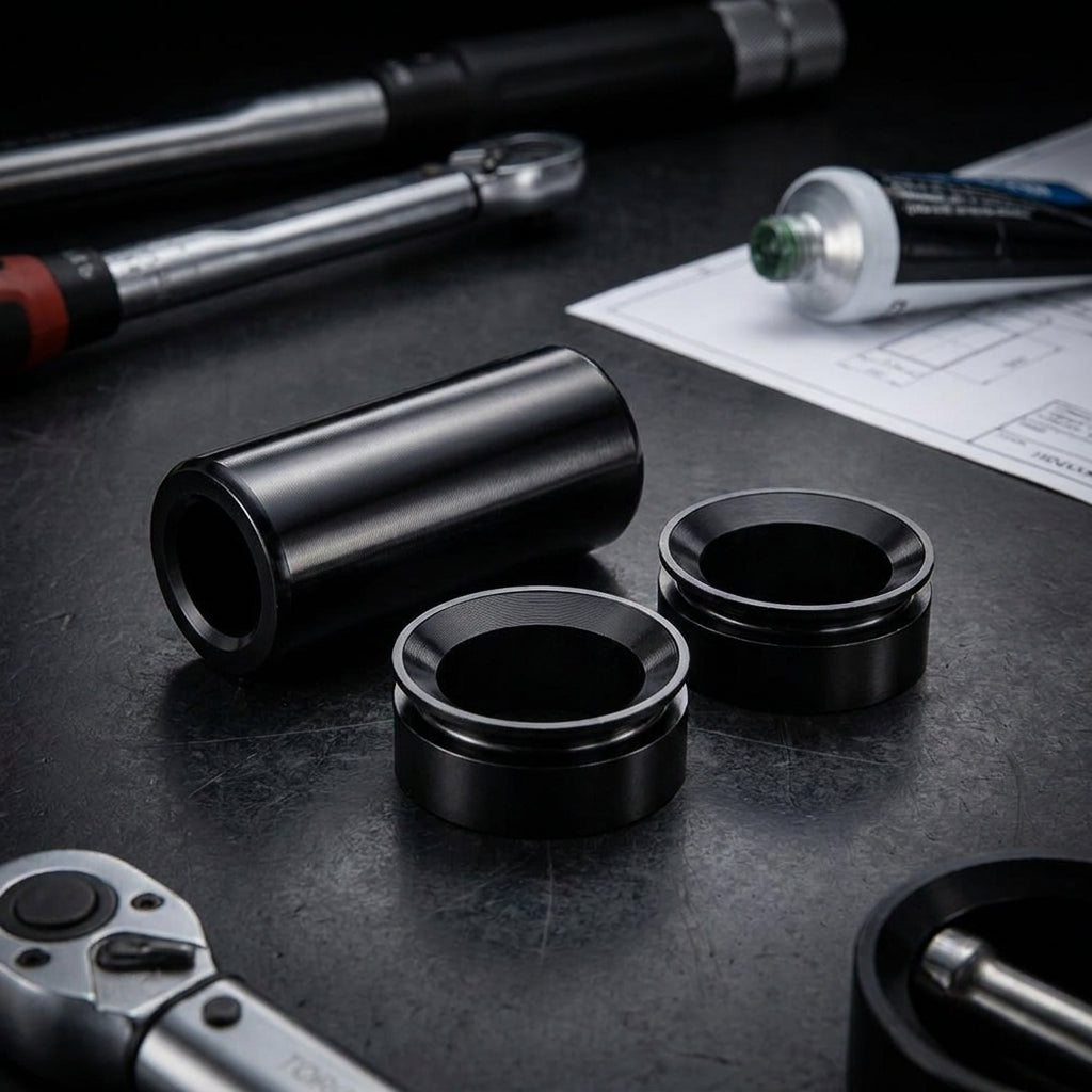 RockShox 3-teiliges Hinterbaudämpfer-Montagematerial, schwarz, mit Werkzeugen auf Werkbank.