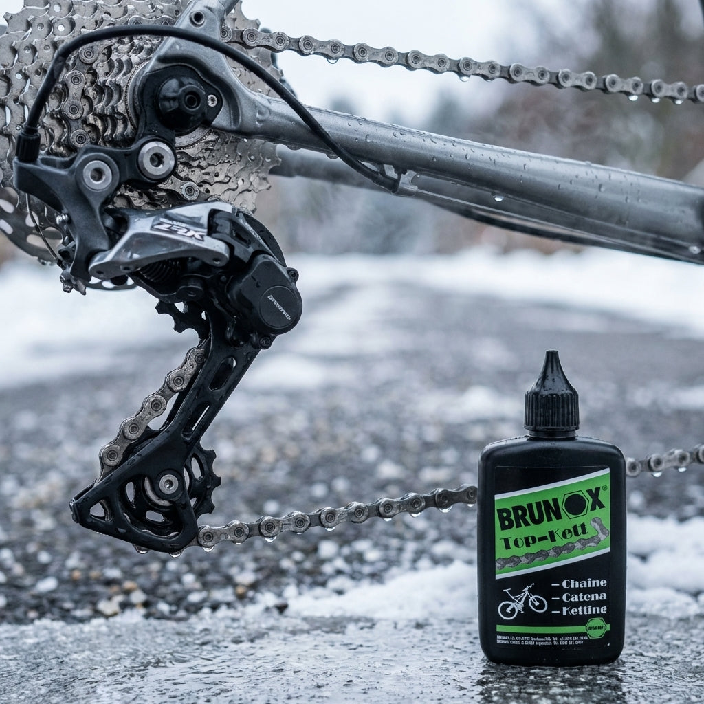 Brunox Top-Kett Kettenpflegemittel 100ml Tropfflasche neben nasser Fahrradkette, Schaltwerk und Kassette auf Schnee.