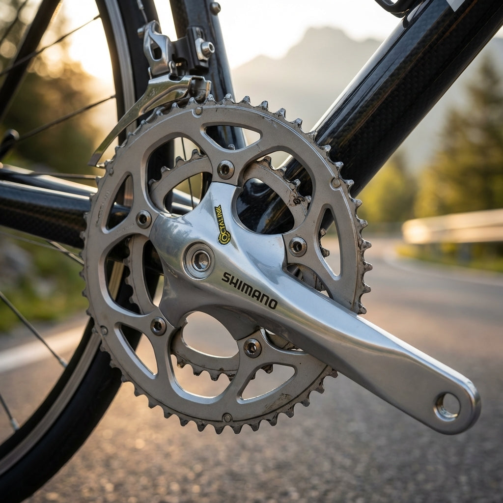 Silberne Shimano FC-R345 Kurbelgarnitur 9-fach 50-34 Zähne für Rennrad und Fitnessbike in Nahaufnahme.