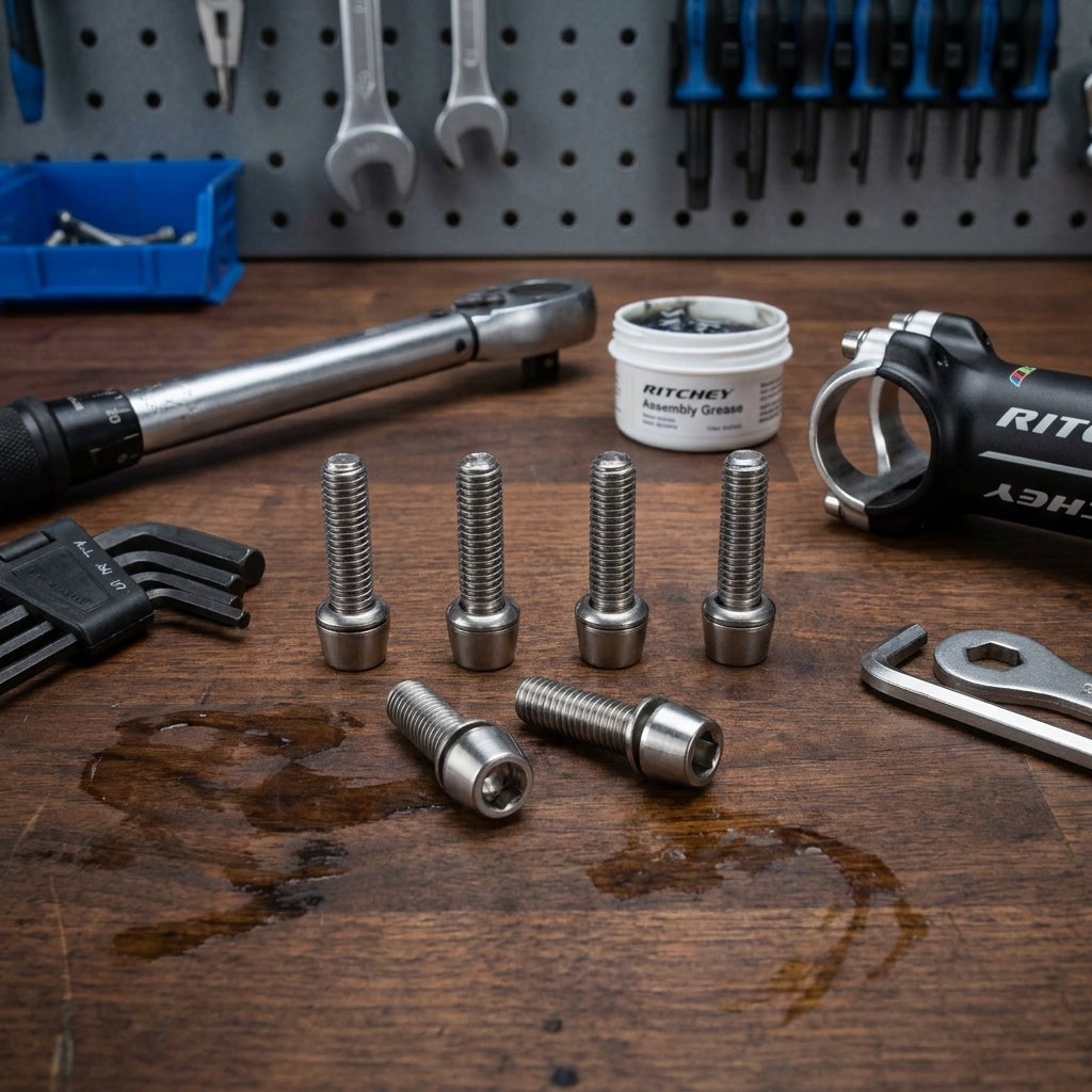 6 Ritchey WCS-Comp 4Axis Edelstahl-Vorbau-Schrauben, silber, mit Werkzeug und Fahrradvorbau auf Holztisch.