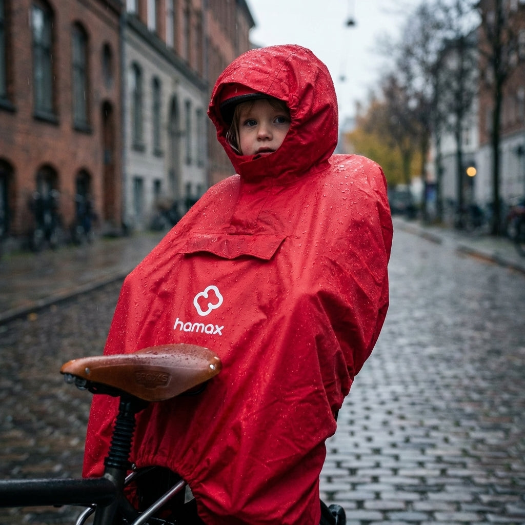Hamax Regenponcho rot für Kind im Fahrradsitz, schützt bei Regen auf Kopfsteinpflasterstraße.