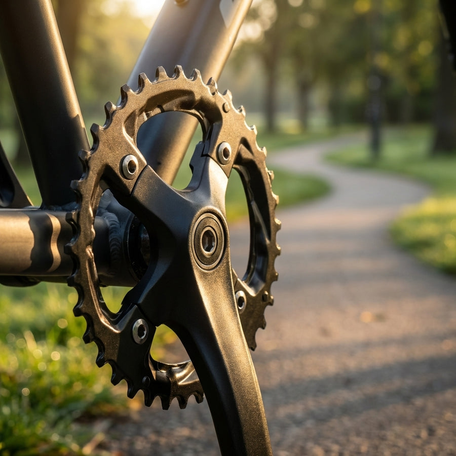 Nahaufnahme vom Shimano Kettenblatt FC-T521 36 Zähne an einem Fahrrad vor einem sonnigen Parkweg im Abendlicht.