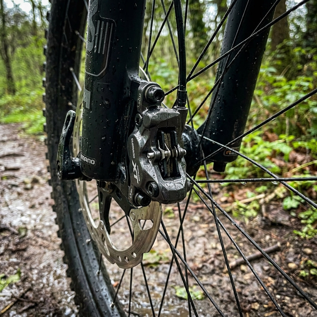 Nahaufnahme einer nassen Shimano Scheibenbremse am Vorderrad eines Mountainbikes auf schlammigem Waldweg.