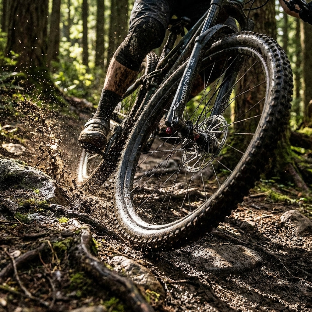 SRAM Trail/Guide organische Scheibenbremsbeläge am Mountainbike auf matschigem Waldweg mit spritzendem Schlamm.