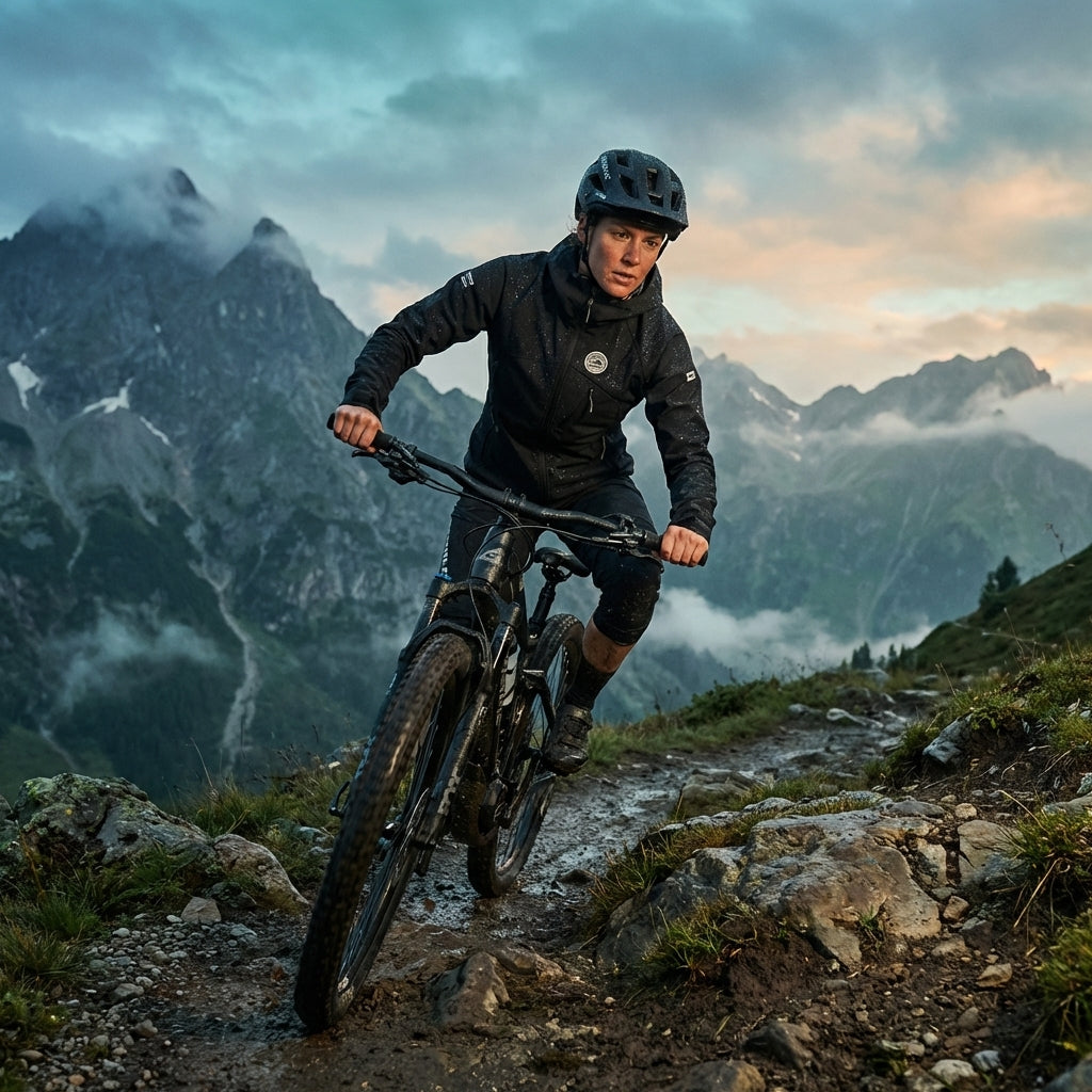 Frau auf Mountainbike trägt Haibike Softshell Jacke Spitzstein schwarz by Maloja auf schlammigem Bergweg.