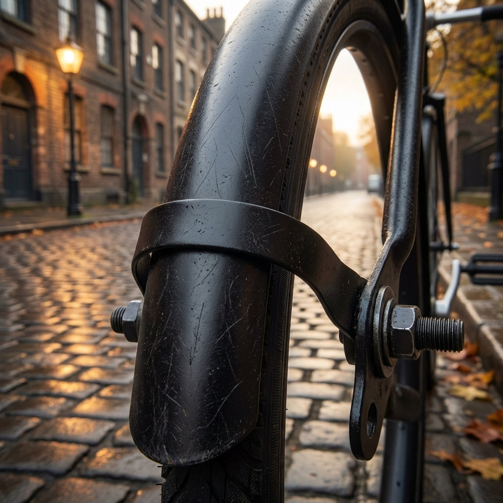 Schwarze Stahl-Schutzblechstrebe 28 Zoll Tour 1 1/2 mit Achsbefestigung am Fahrrad auf Kopfsteinpflaster.