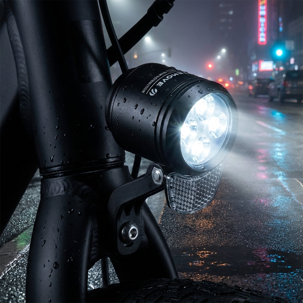 Litemove AE-200 Speed Pedelec Scheinwerfer mit Gabelbefestigung, leuchtet hell auf nasser Straße bei Nacht.