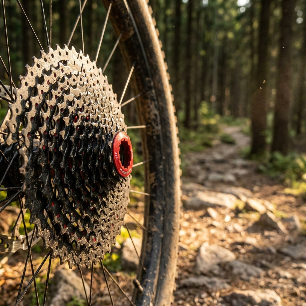 SunRace CSMX8 EAZ 11-fach Kassette 11-46 Zähne am Mountainbike auf schlammigem Waldweg.