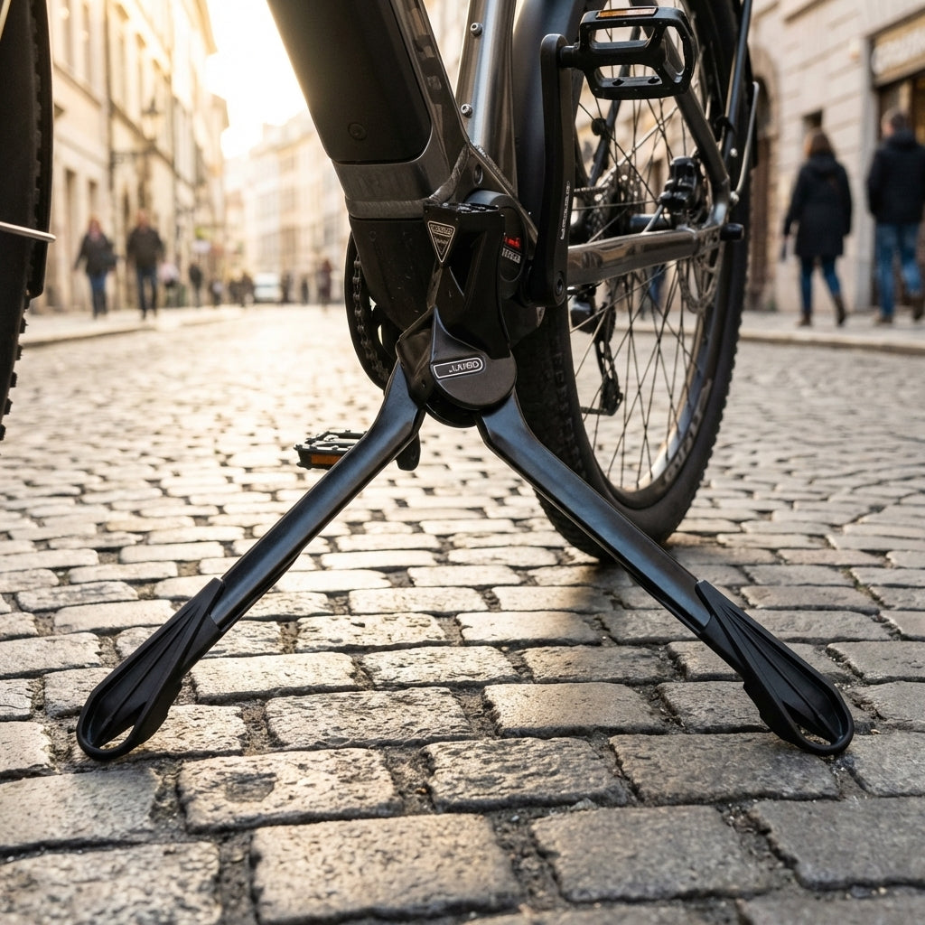 Schwarzer Ursus Jumbo Zweibeinständer 28 Zoll an einem Fahrrad montiert auf Kopfsteinpflaster.
