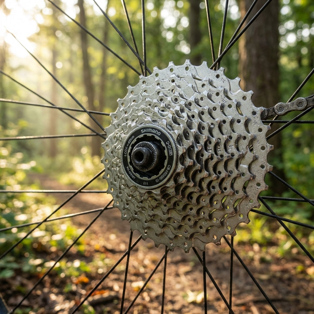 SHIMANO Kassette CS-HG500 10-fach 11-32Z am Fahrrad-Hinterrad im Wald, geeignet für Trekking und MTB.
