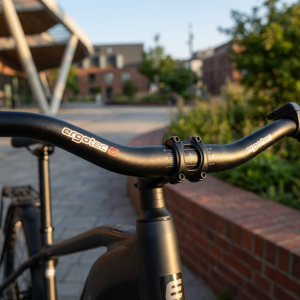 Ergotec Trekking Lenkerbügel Alu 47° schwarz matt am Fahrrad montiert in urbaner Umgebung.