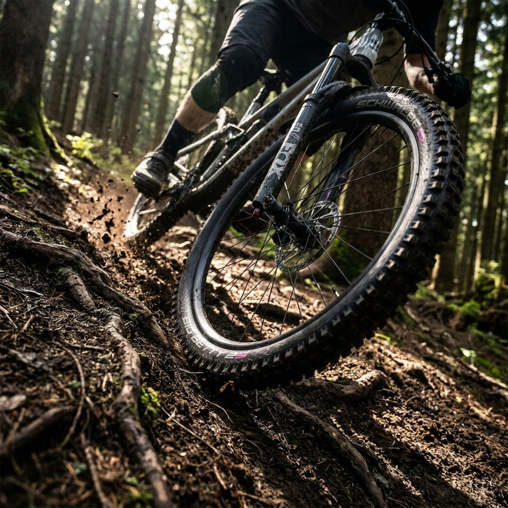 Schwalbe Big Betty 29" Mountainbike Reifen auf schlammigem Downhill-Trail im Wald, mit FOX Federgabel.