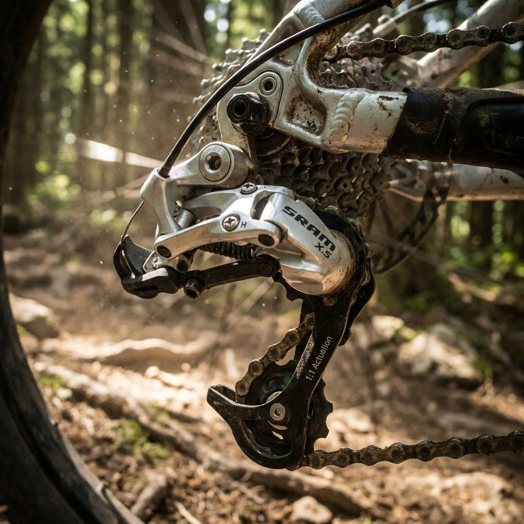 SRAM X.5 36T 8/9-fach MTB Schaltwerk, silber, langer Käfig, am Mountainbike im Wald.