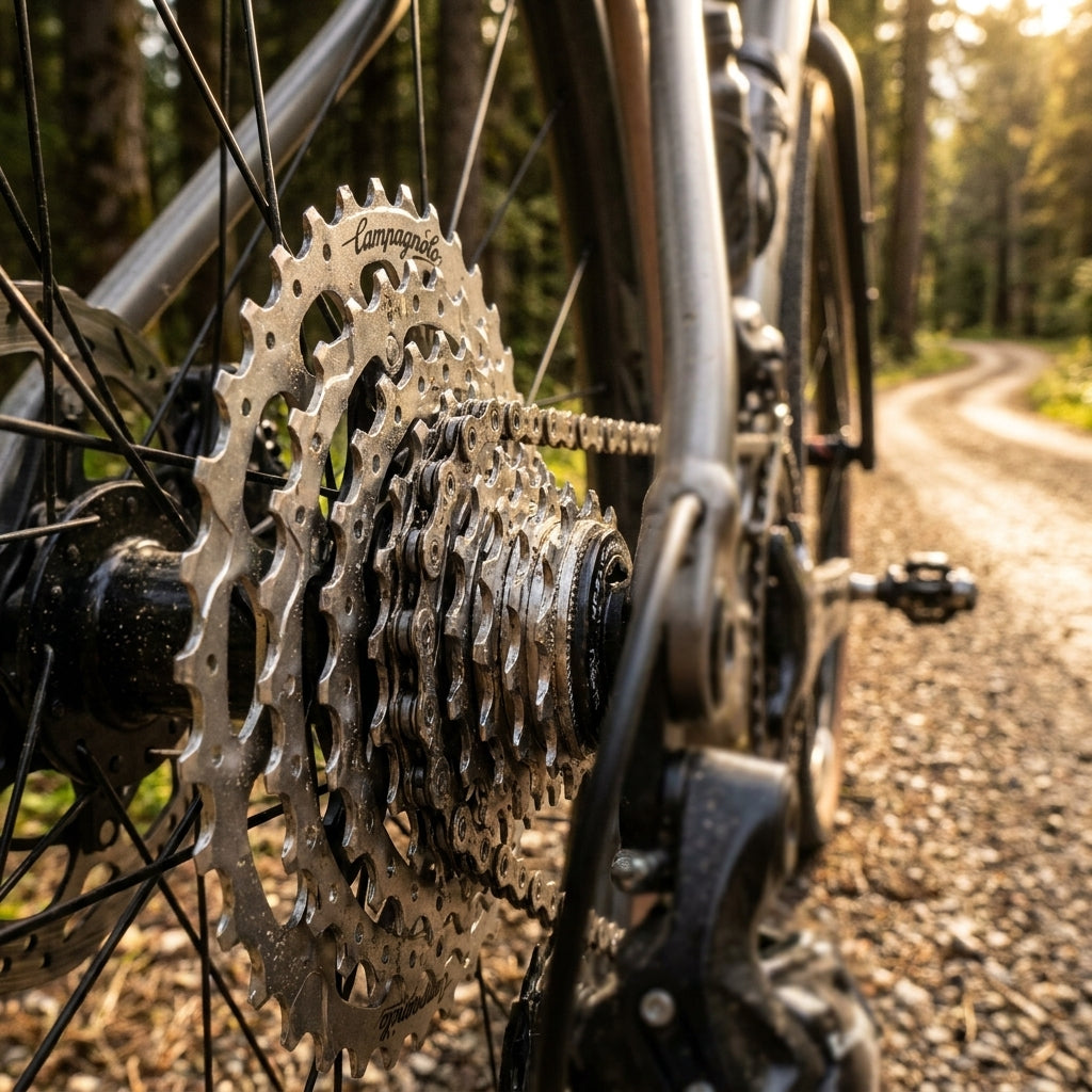 Campagnolo Ekar GT 13-fach Kassette am Gravelbike auf einem Waldweg.