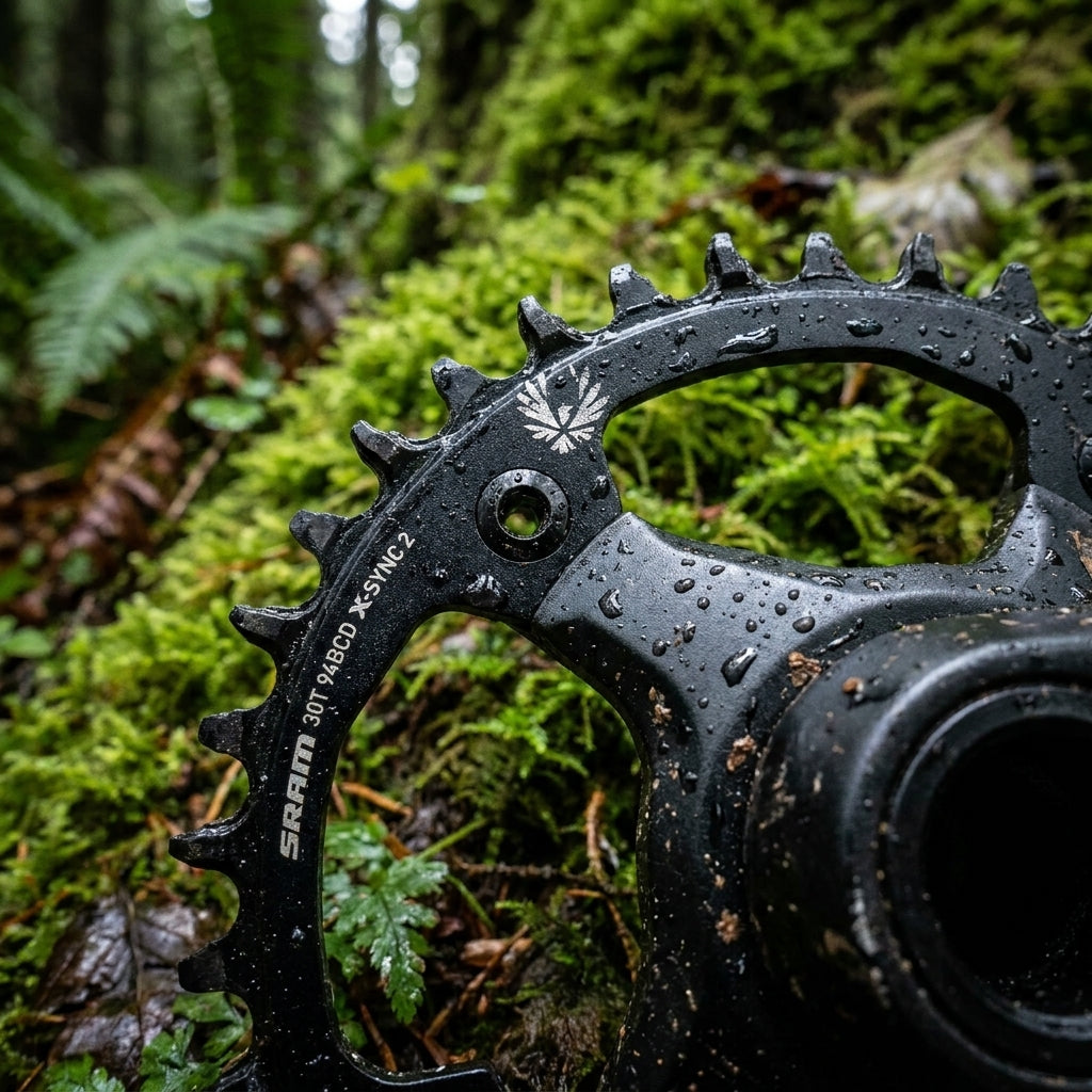 SRAM X-Sync Kettenblatt E-MTB 94 BCD 30T, nass im Wald, für präzise Kraftübertragung auf E-Mountainbikes.