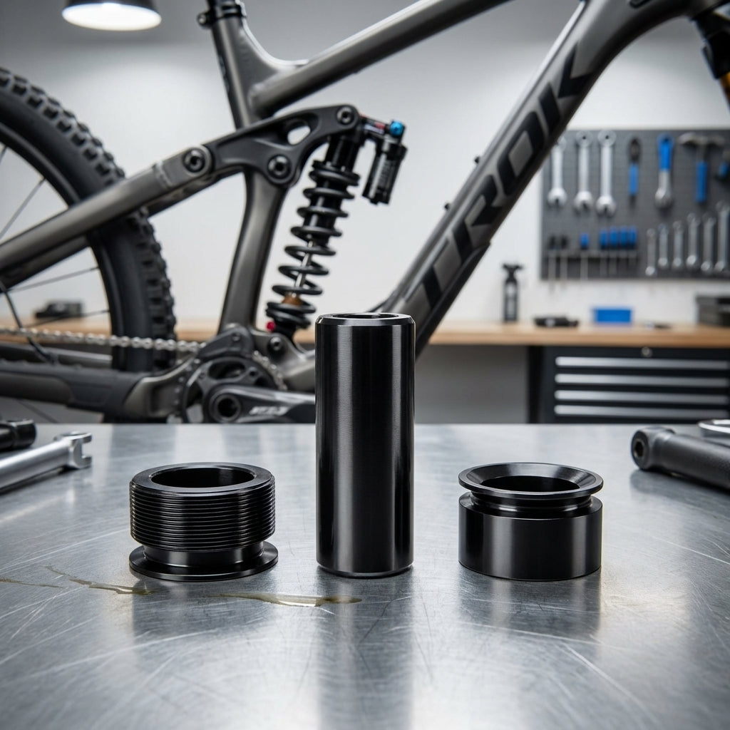 RockShox 3-teilige Standard Dämpfer-Befestigung 8x34.0 auf Werkbank vor Mountainbike-Rahmen.