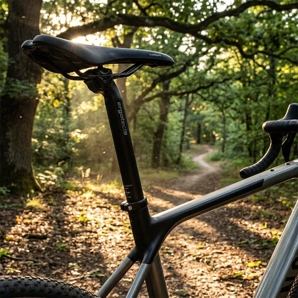 Ergotec Patentsattelstütze Viper schwarz Alu am Fahrrad in einem sonnigen Waldweg.