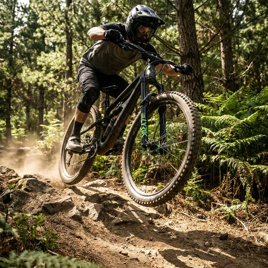 Rockshox Lyrik Ultimate Federgabel in Aktion auf einem Enduro Mountainbike. Hochleistungs-Federung für maximale Trail-Kontrolle.