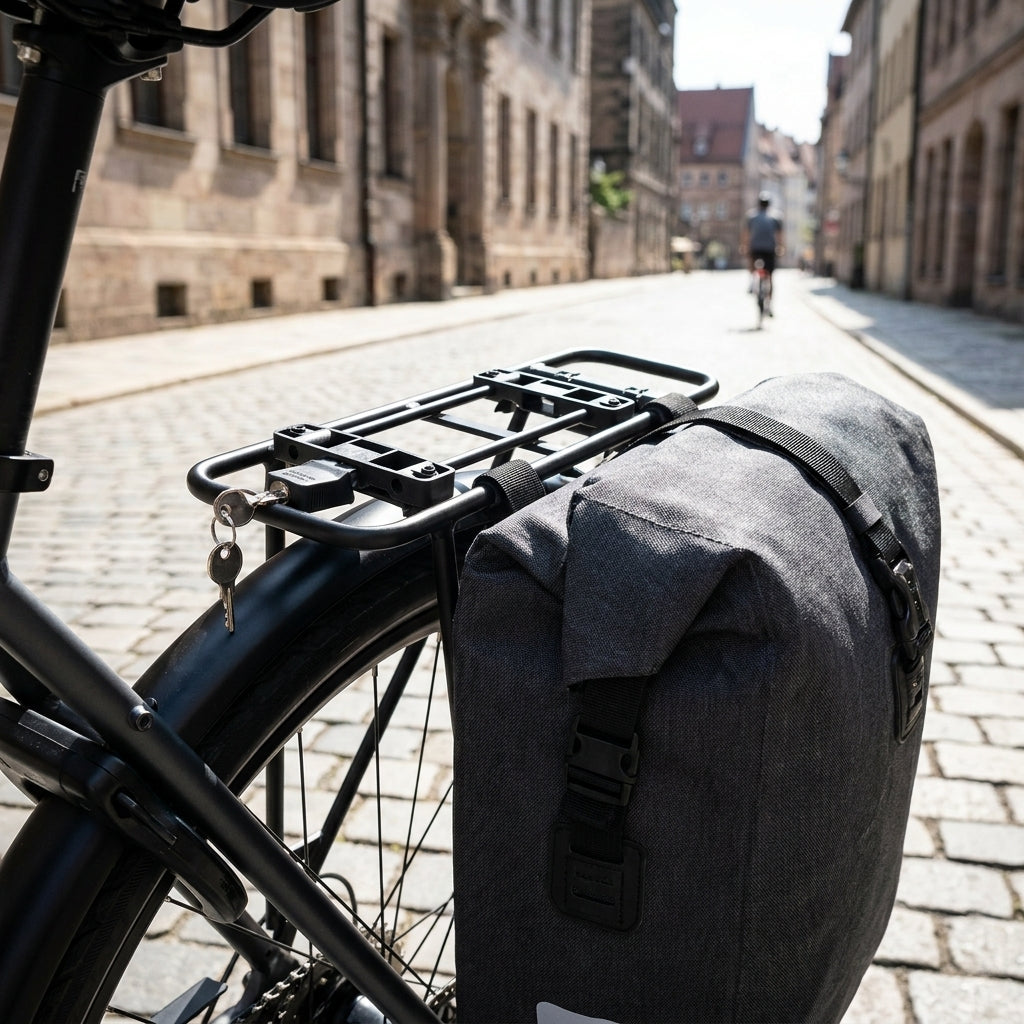 XLC Adapterplatte Racktime BA-X23 auf Fahrradgepäckträger mit angehängter XLC 5:1 Tasche, Stadtkulisse.