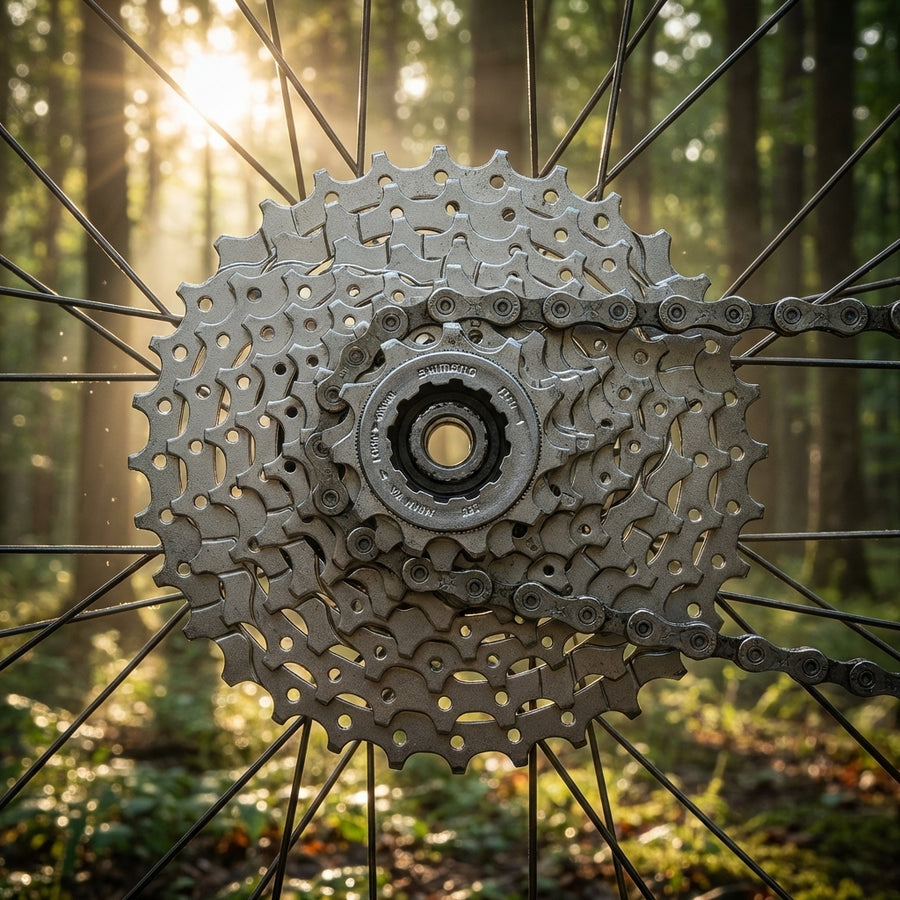 Shimano Alivio CS-HG400 9-fach Kassette 11-32 Zähne Nahaufnahme mit Fahrradkette vor sonnigem Waldhintergrund.
