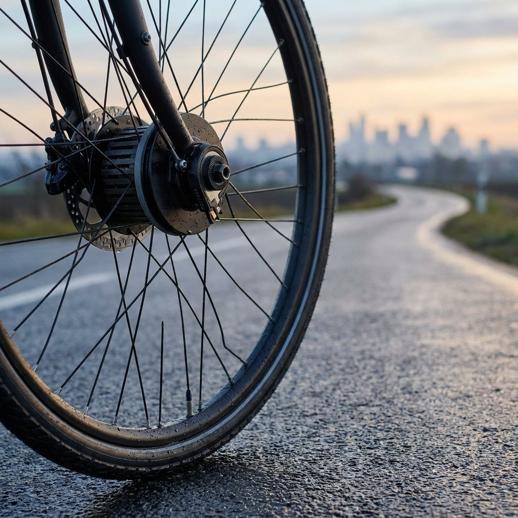 SHIMANO Dynamoeinheit DH-3D37-QR schwarz am Fahrrad-Vorderrad auf nasser Straße mit Stadtsilhouette.
