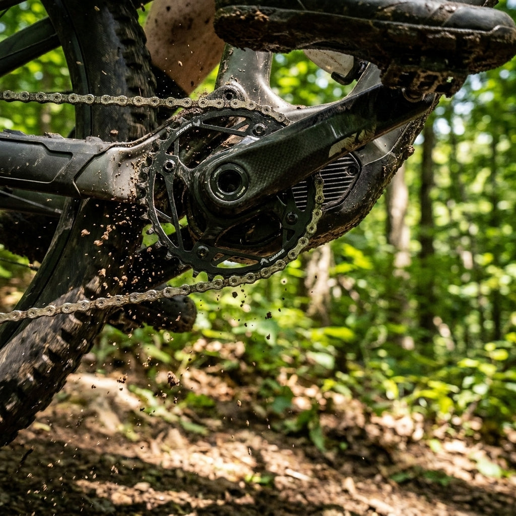 SRAM E-MTB T-Type Eagle 34T Kettenblatt am E-Mountainbike im Gelände, Schlamm spritzt. Effizienter Antrieb.