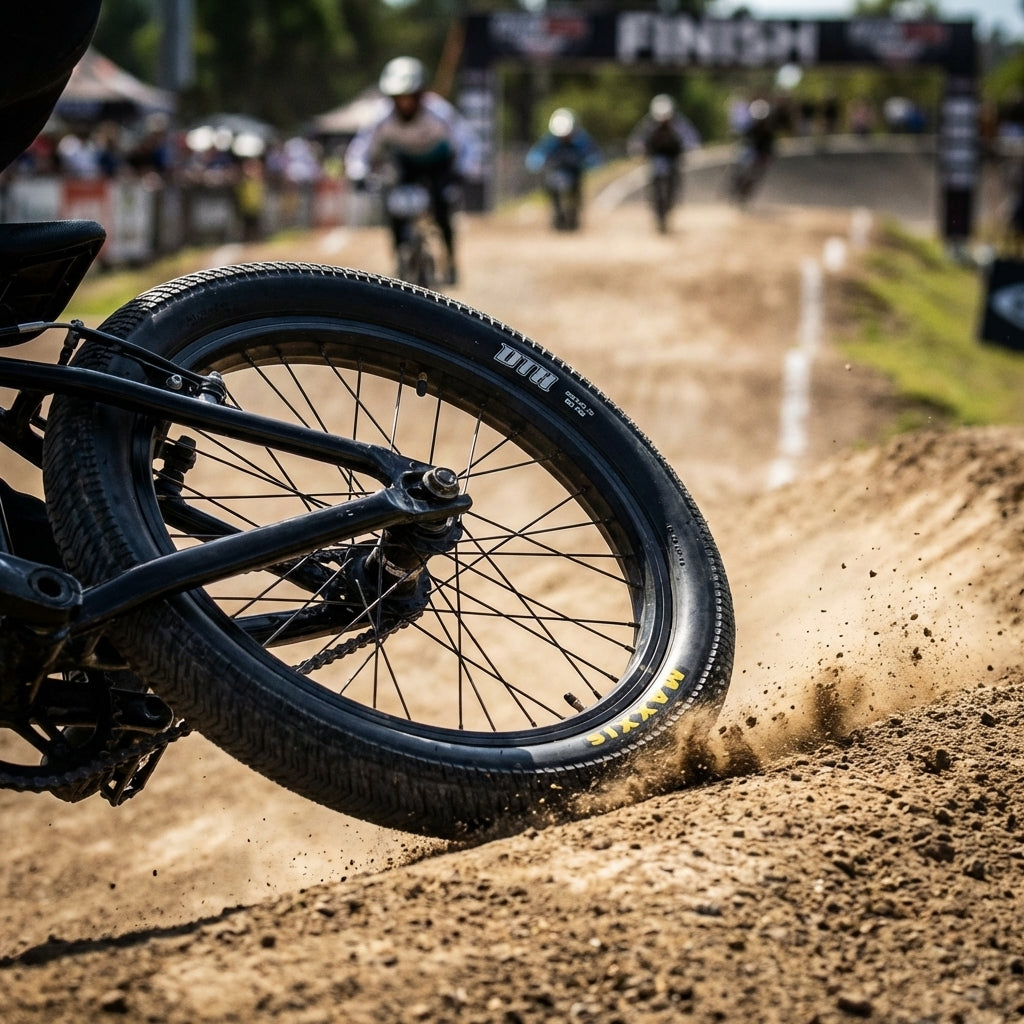 Maxxis DTH BMX Reifen 20x1.10 Zoll 28-451 schwarz Draht auf Dirt-Track im Renneinsatz.