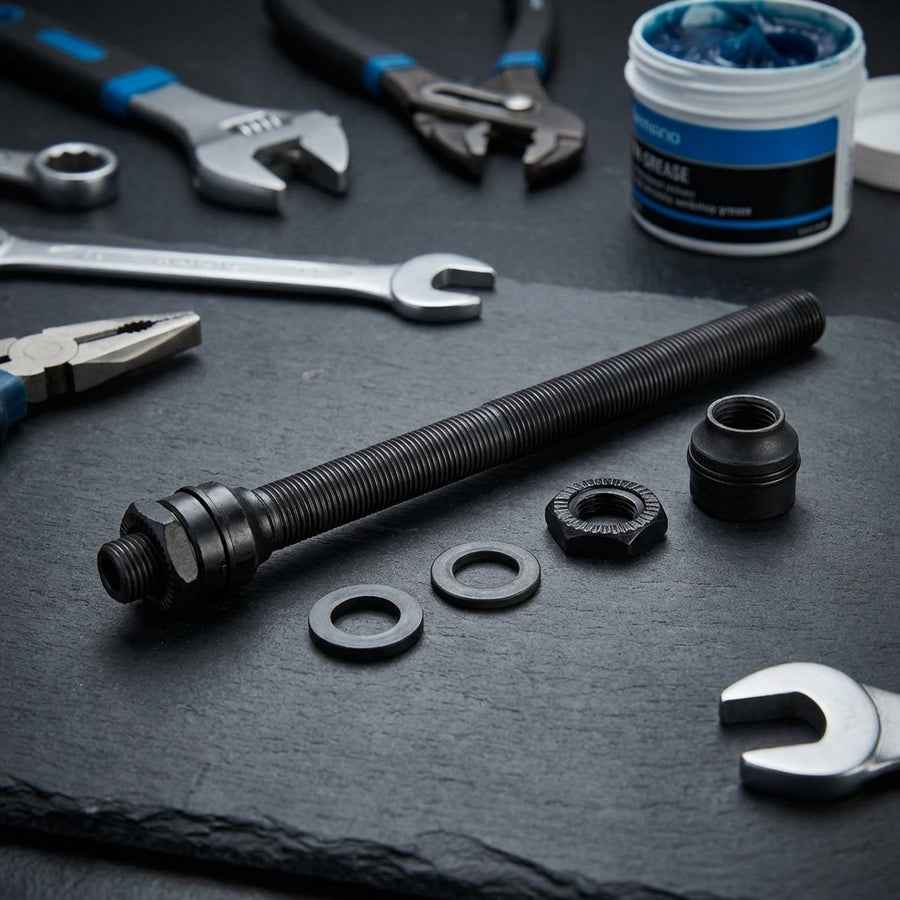 SHIMANO Hohlachse FH-M475-R Komplettkit Ersatzachse für Hinterradnabe mit Muttern, Scheiben und Werkzeug auf dunklem Grund.