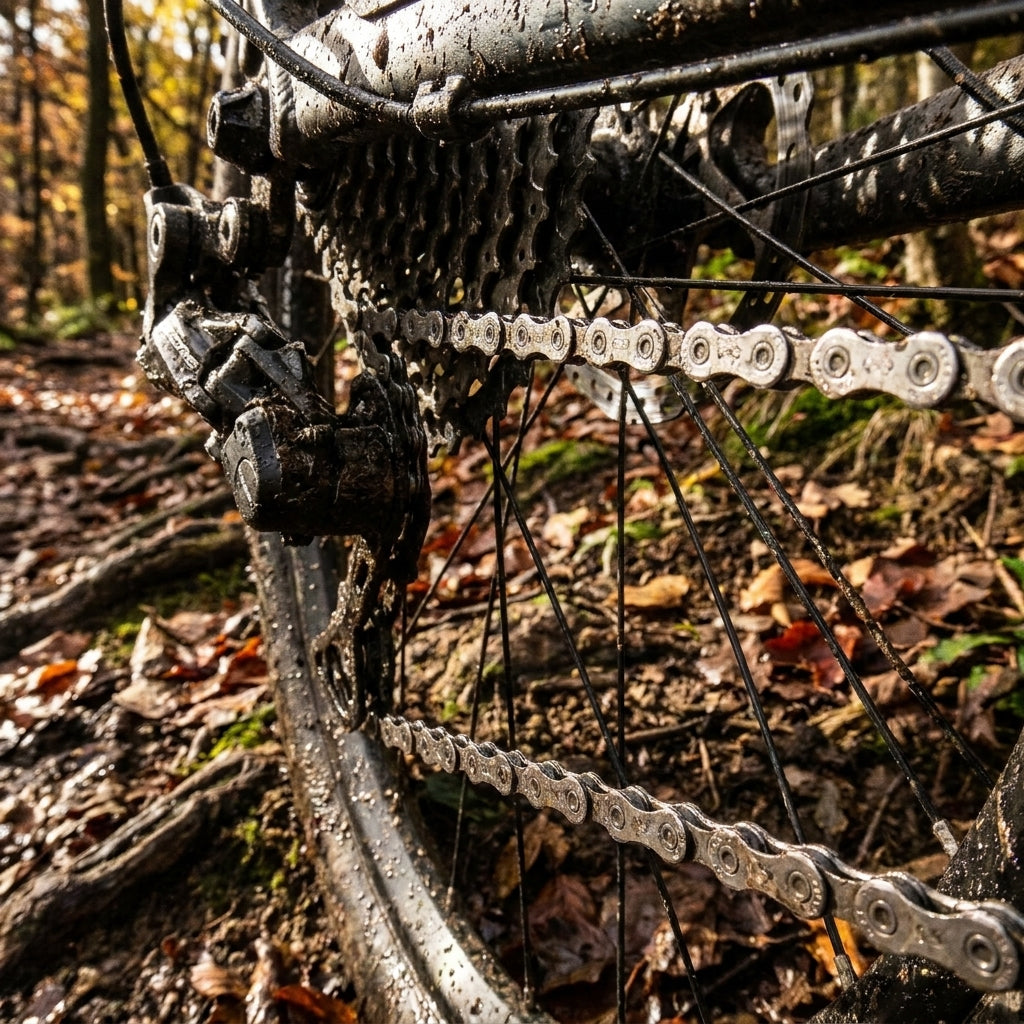 SHIMANO DEORE CN-HG601 11-fach Kette am dreckigen Fahrrad im schlammigen Herbstwald.
