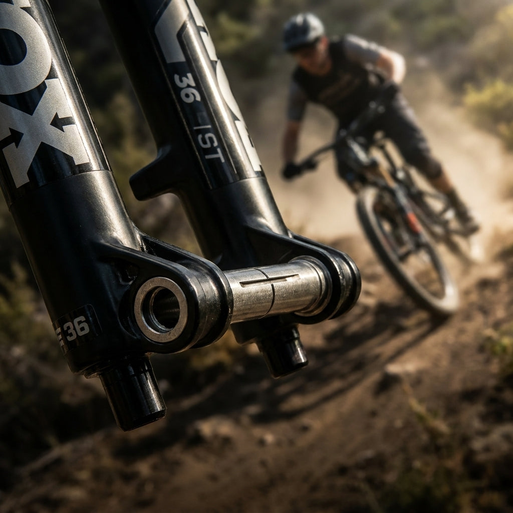 FOX 36 Mountainbike Gabel Achse, Service- & Ersatzteil. Biker fährt auf Trail im Hintergrund.