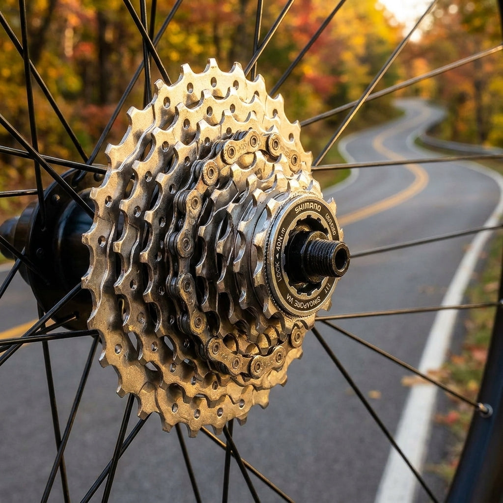 SHIMANO CLARIS CS-HG50 8-fach 11-32 Kassette am Rennrad-Hinterrad vor herbstlicher Straße.