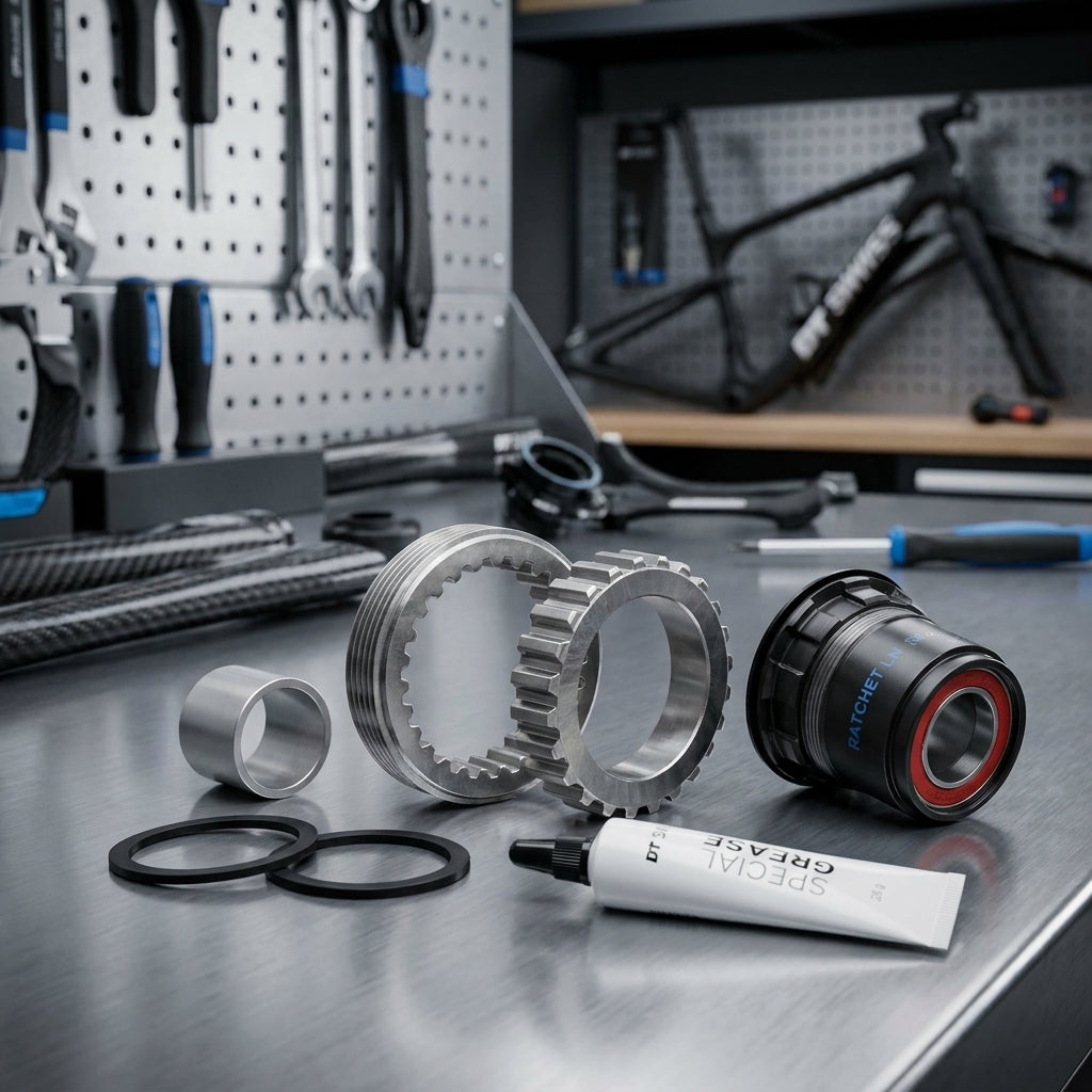 DT Swiss Ratchet LN 18 Zähne Upgrade-Kit in Werkstatt. Komponenten für zuverlässiges Naben-Upgrade.
