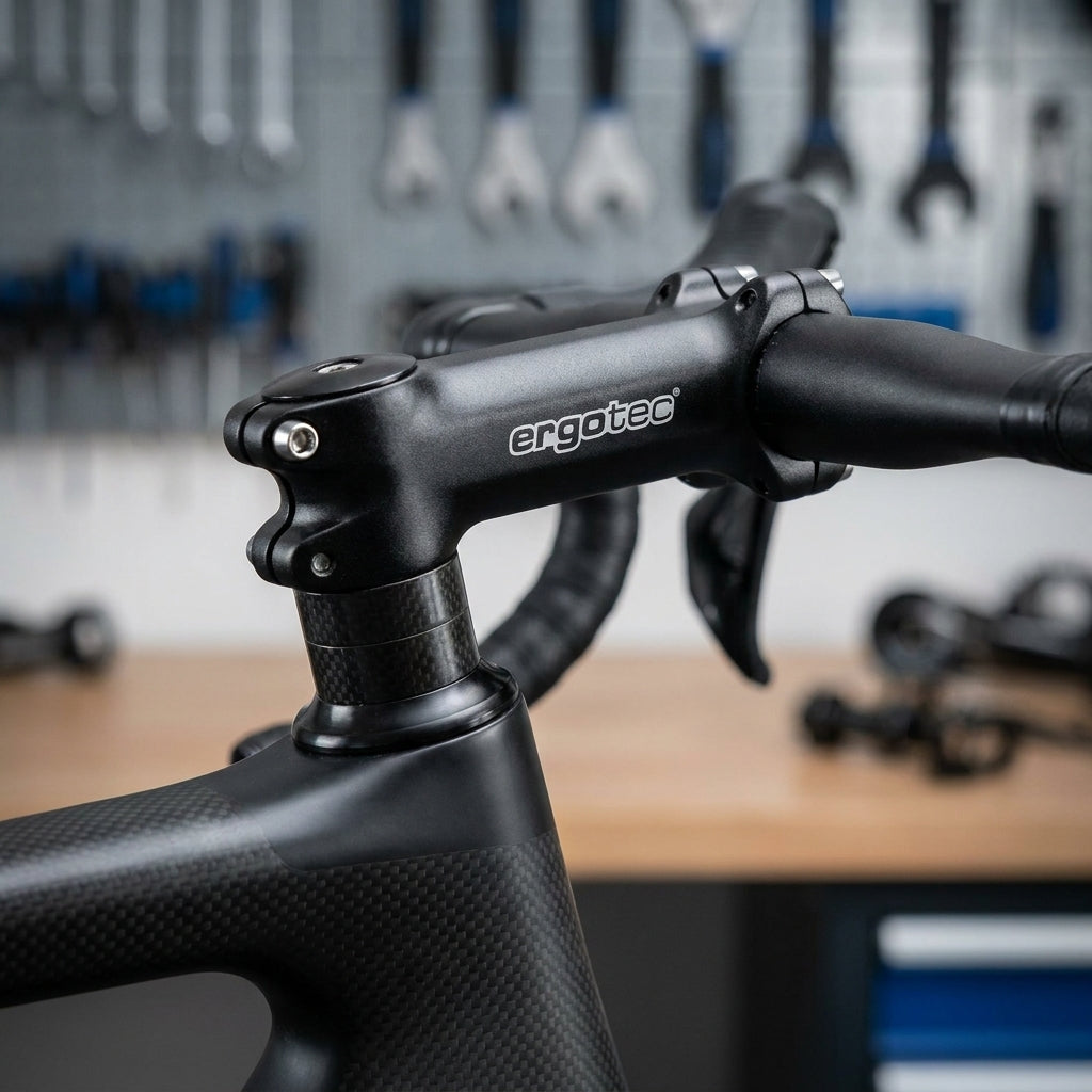 Schwarzer Ergotec AHEAD Charisma Vorbau aus Alu am Carbon-Fahrrad mit Lenker in Fahrradwerkstatt.