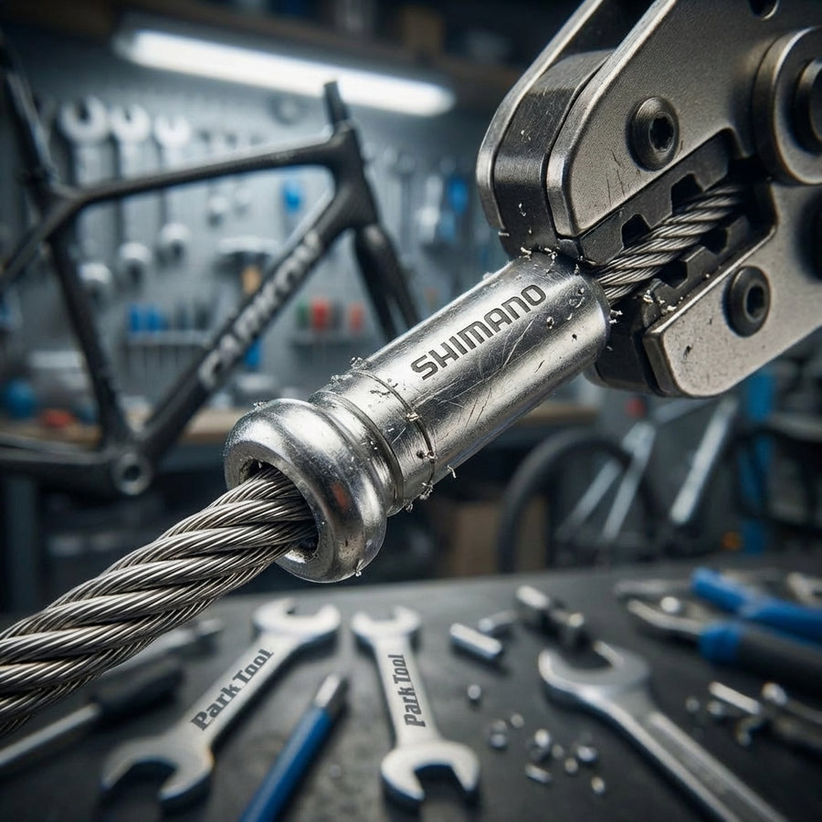 SHIMANO Endkappe für 1,2 mm Schaltzug wird in Fahrradwerkstatt mit Spezialwerkzeug angebracht.