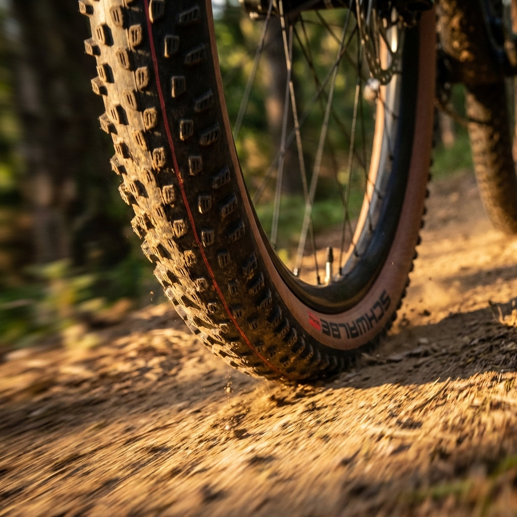 Schwalbe Racing Ray Mountainbike Reifen 29x2.35 schwarz/braun auf sonnigem Trail.