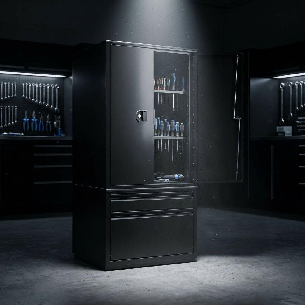 Unior Werkzeugschrank 949.1-BLACK aus Premium Stahl, schwarz, mit Zentralverriegelung. Perfekt für Werkstatt und sichere Werkzeugaufbewahrung.