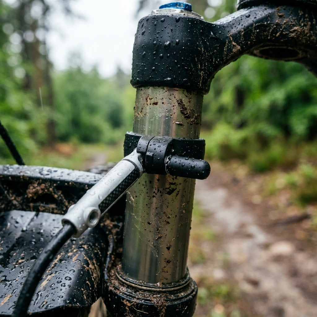 SKS Streben-Befestigungs-Schellen an Federgabel, ideal zur Schutzblechmontage am nassen, schlammigen Mountainbike.