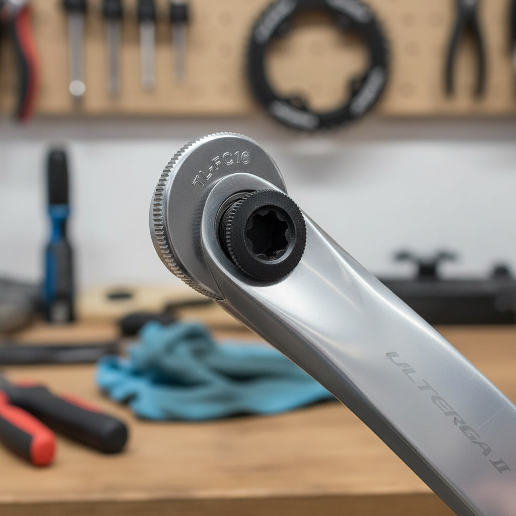 Shimano TL-FC16 Kurbelmontagewerkzeug an Ultegra Kurbel. Präzises Werkzeug für Kurbelmontage.