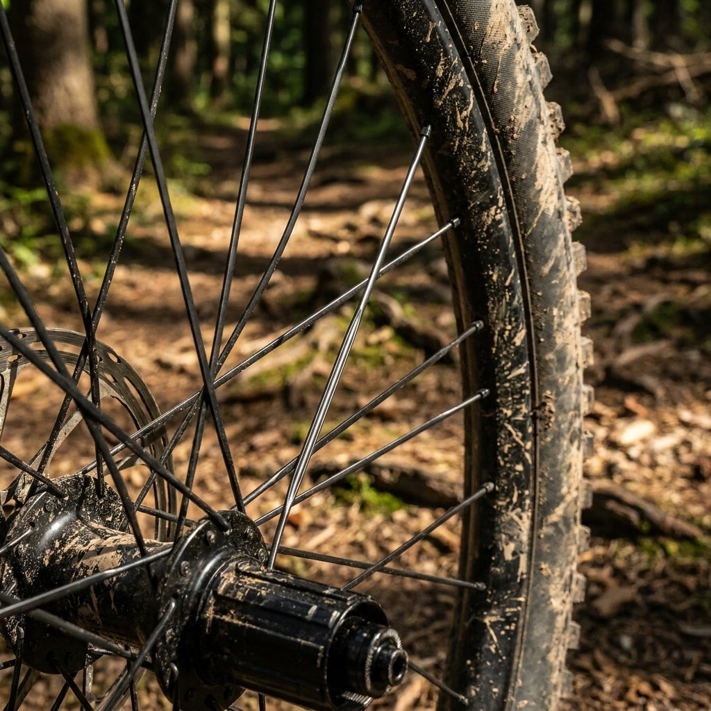 DT Swiss Complite Speichen schwarz am dreckigen Mountainbike-Laufrad auf Waldweg.