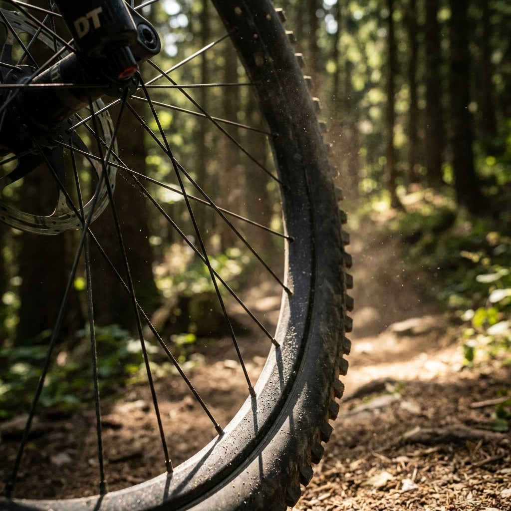 DT Swiss Complite Speichen am Mountainbike-Rad auf Waldweg, Staub wird aufgewirbelt.
